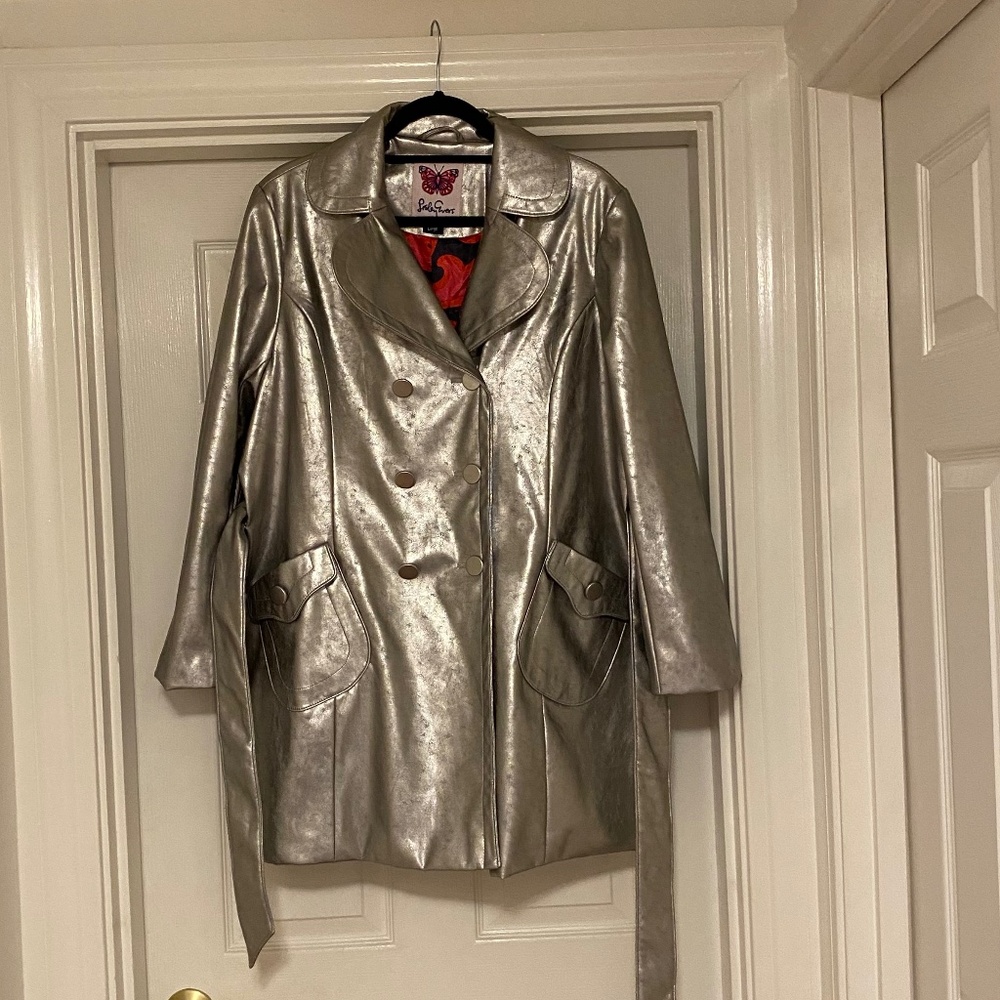 Lesley Evers Faux Leather Silver Trench Jacket